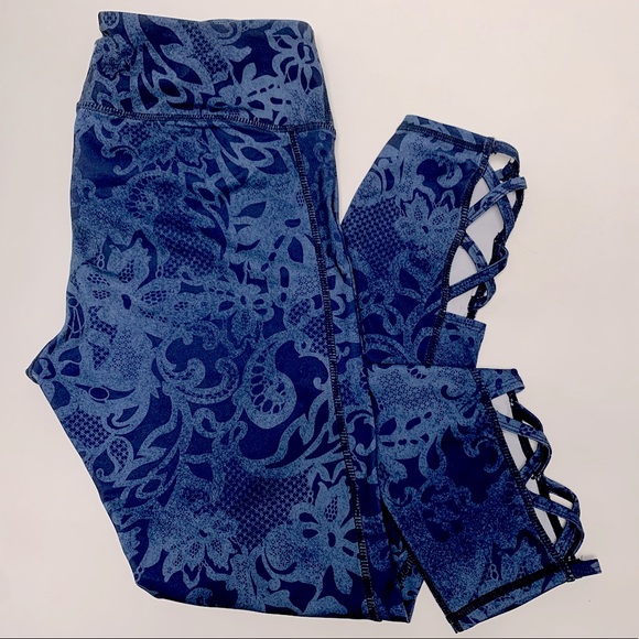 Nicole Miller Pants - Blue Paisley Floral Yoga Pants w/ Ankle Cutout